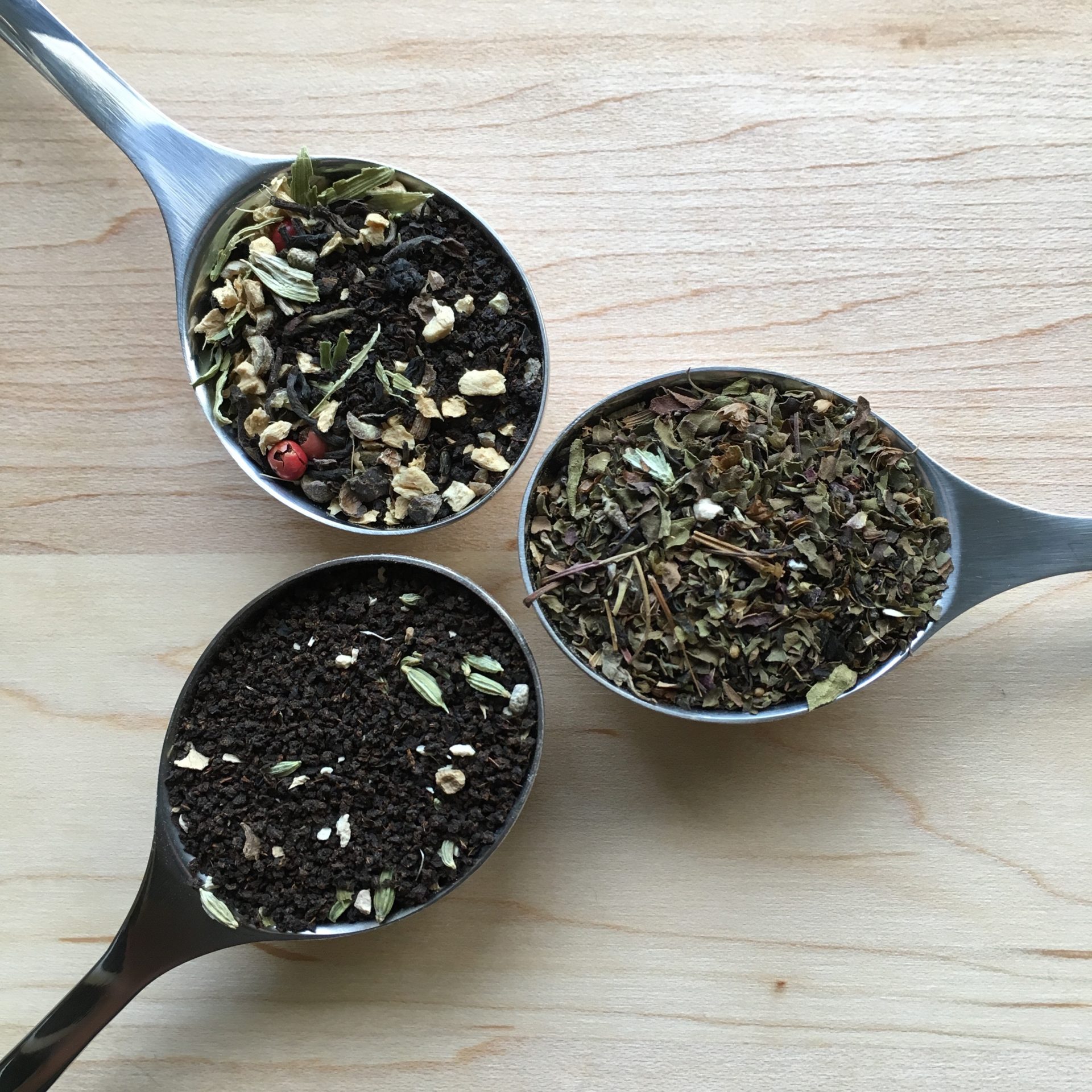 Teabox's Tulsi Green Chai, Bombay Cutting Chai, and Spice Sparkler Chai